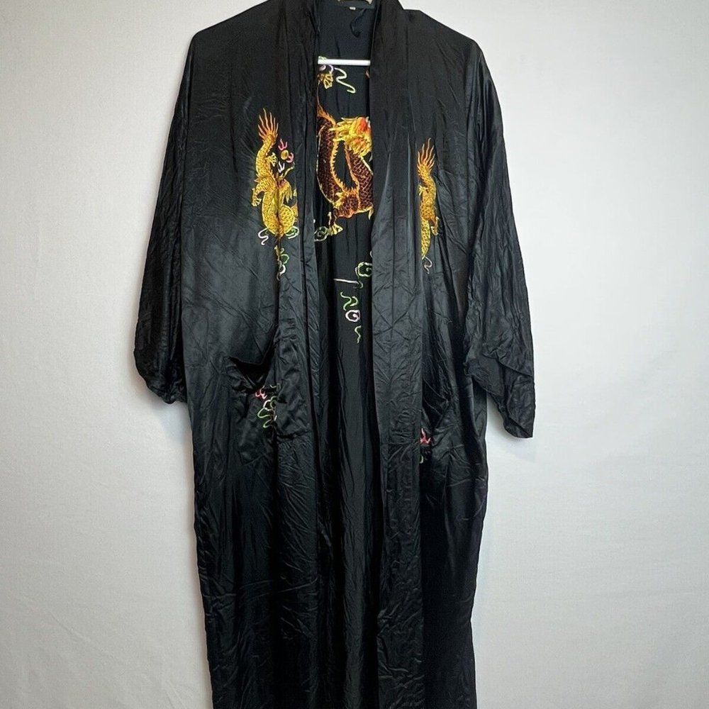 Golden Bee Black Silky Rayon Kimono Robe Long Embroidered Dragon Black Size M
